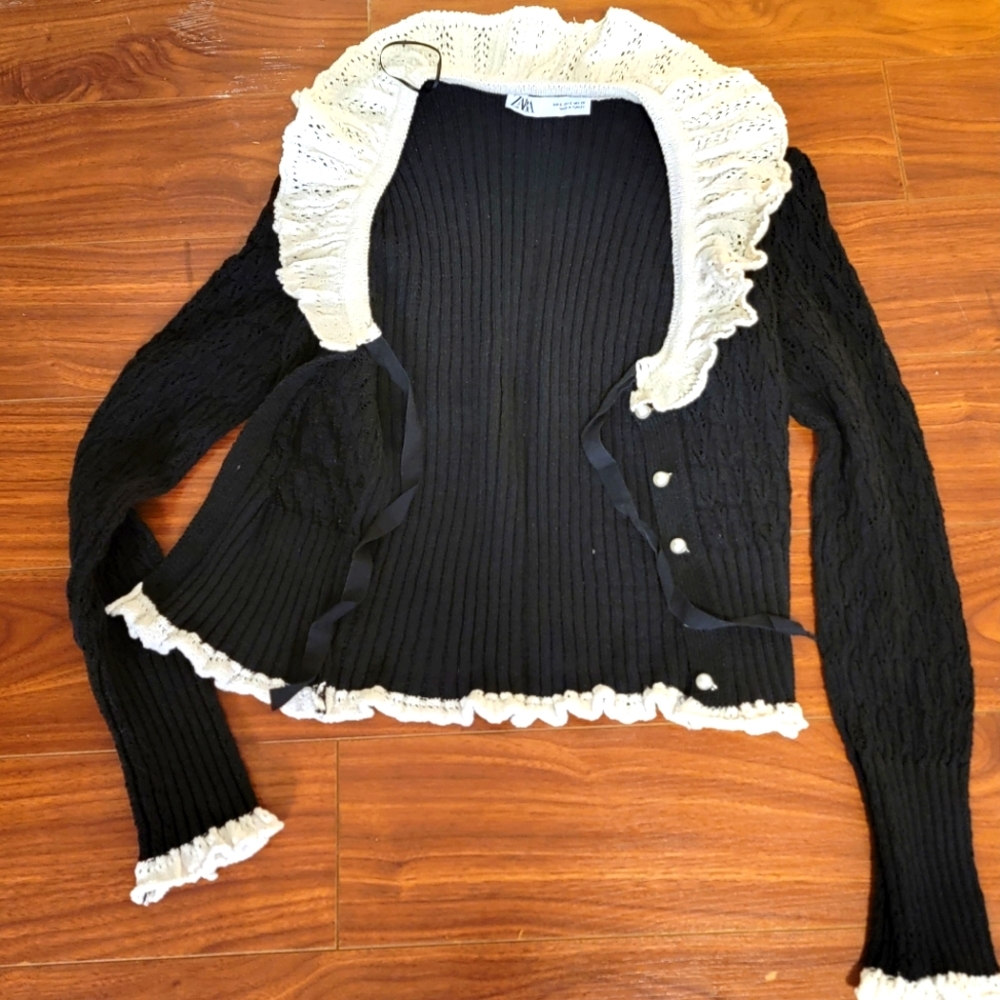 Zara black and white frill cardigan